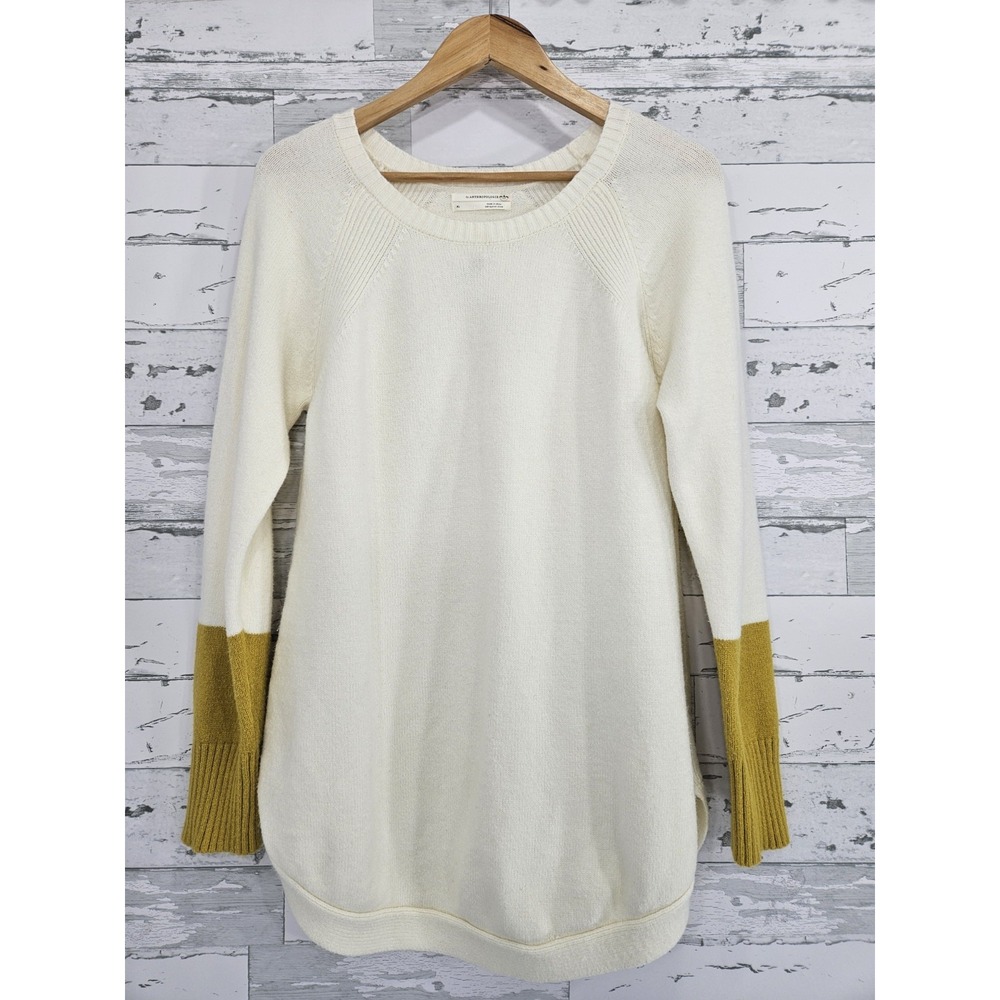 Anthropologie Womens Xlarge Rebekak Tunic Sweater Ivory With Mustard Olive cuffs